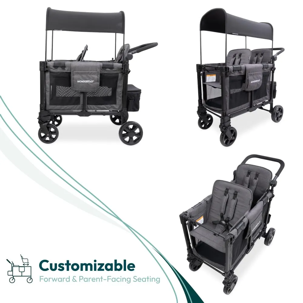 WONDERFOLD W2 Elite Pro Stroller Wagon (2 Seater) - Collapsible Wagon Stroller with Seats with 5-Point Harnesses, Adjustable Push Handle, and Adjustable Sun Canopy, Charcoal Gray
