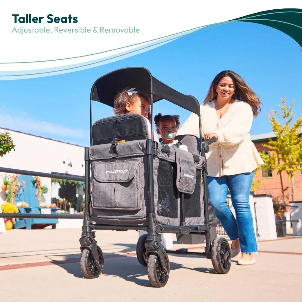 WONDERFOLD W2 Elite Pro Stroller Wagon (2 Seater) - Collapsible Wagon Stroller with Seats with 5-Point Harnesses, Adjustable Push Handle, and Adjustable Sun Canopy, Charcoal Gray