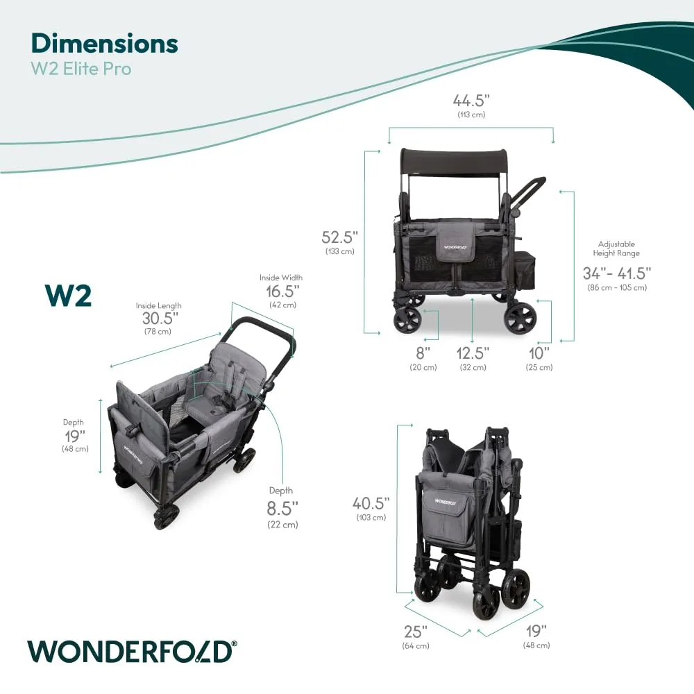WONDERFOLD W2 Elite Pro Stroller Wagon (2 Seater) - Collapsible Wagon Stroller with Seats with 5-Point Harnesses, Adjustable Push Handle, and Adjustable Sun Canopy, Charcoal Gray