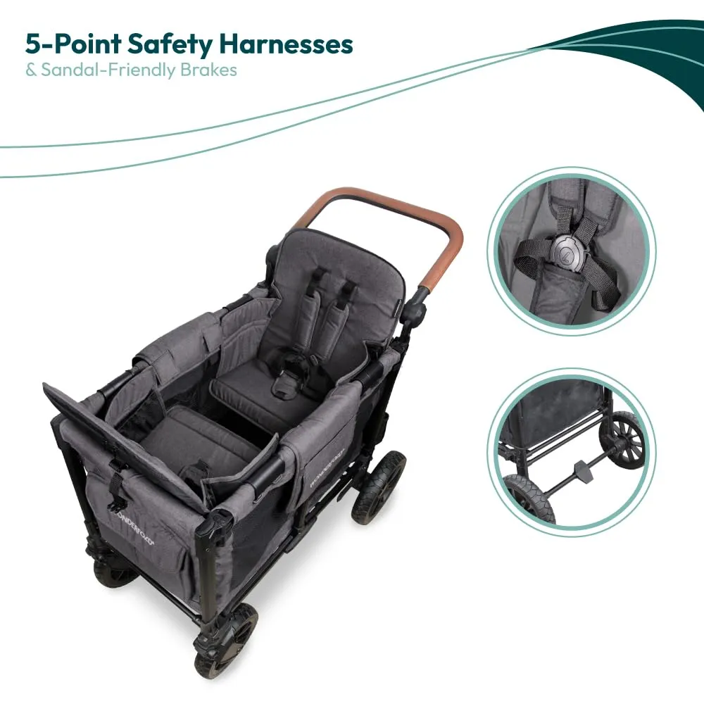WONDERFOLD W2 Luxe Pro Stroller Wagon (2 Seater) - Collapsible Wagon Stroller with Seats Featuring 5-Point Safety Harnesses and Adjustable Sun Canopy, Charcoal Gray