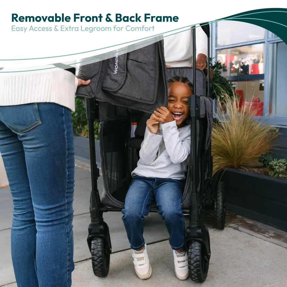 WONDERFOLD W2 Luxe Pro Stroller Wagon (2 Seater) - Collapsible Wagon Stroller with Seats Featuring 5-Point Safety Harnesses and Adjustable Sun Canopy, Charcoal Gray