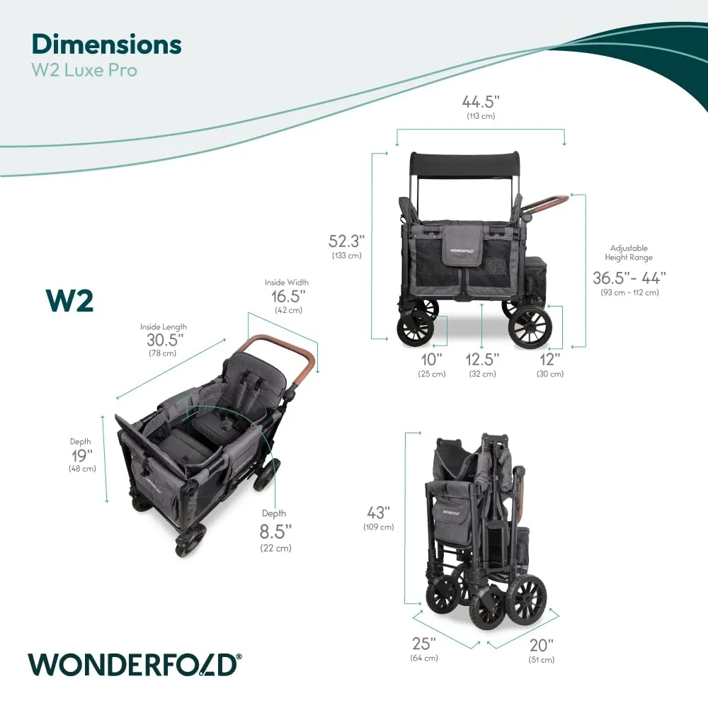 WONDERFOLD W2 Luxe Pro Stroller Wagon (2 Seater) - Collapsible Wagon Stroller with Seats Featuring 5-Point Safety Harnesses and Adjustable Sun Canopy, Charcoal Gray