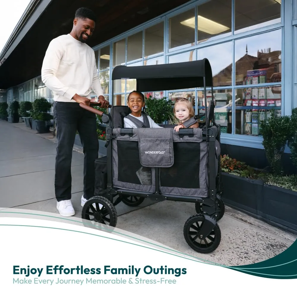 WONDERFOLD W2 Luxe Pro Stroller Wagon (2 Seater) - Collapsible Wagon Stroller with Seats Featuring 5-Point Safety Harnesses and Adjustable Sun Canopy, Charcoal Gray