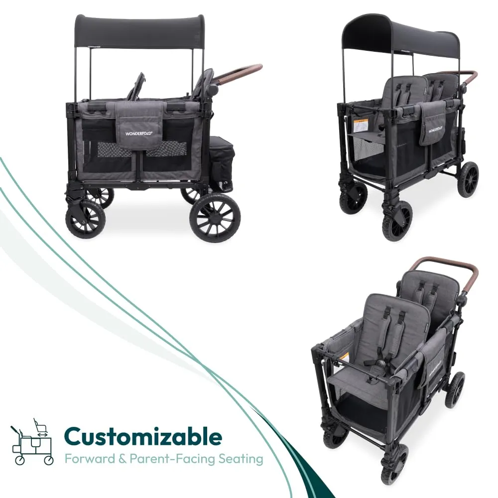 WONDERFOLD W2 Luxe Pro Stroller Wagon (2 Seater) - Collapsible Wagon Stroller with Seats Featuring 5-Point Safety Harnesses and Adjustable Sun Canopy, Charcoal Gray