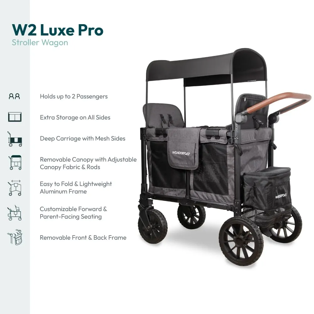 WONDERFOLD W2 Luxe Pro Stroller Wagon (2 Seater) - Collapsible Wagon Stroller with Seats Featuring 5-Point Safety Harnesses and Adjustable Sun Canopy, Charcoal Gray