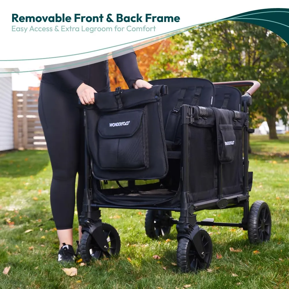WONDERFOLD W4 Luxe Pro Stroller Wagon (4 Seater) - Collapsible Wagon Stroller with Seats Featuring 5-Point Safety Harnesses and Adjustable Sun Canopy, Jet Black
