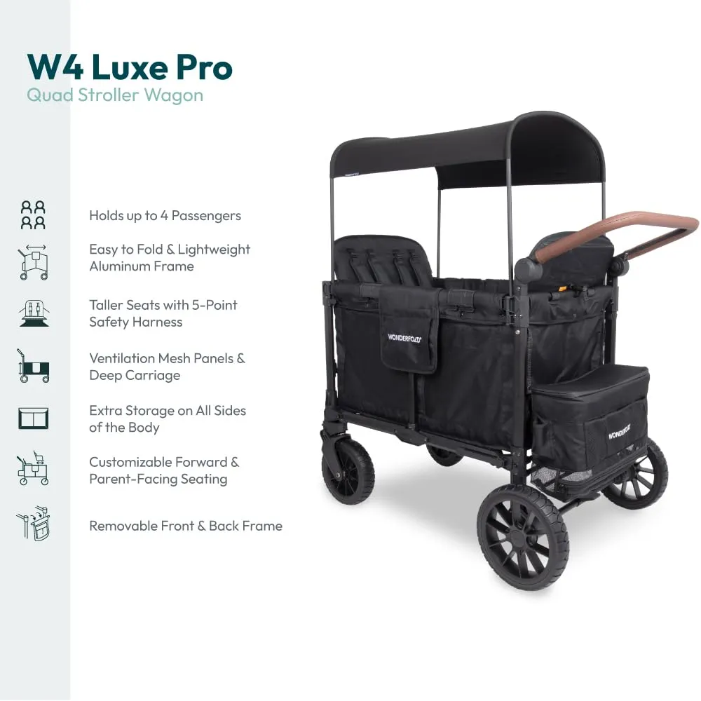 WONDERFOLD W4 Luxe Pro Stroller Wagon (4 Seater) - Collapsible Wagon Stroller with Seats Featuring 5-Point Safety Harnesses and Adjustable Sun Canopy, Jet Black