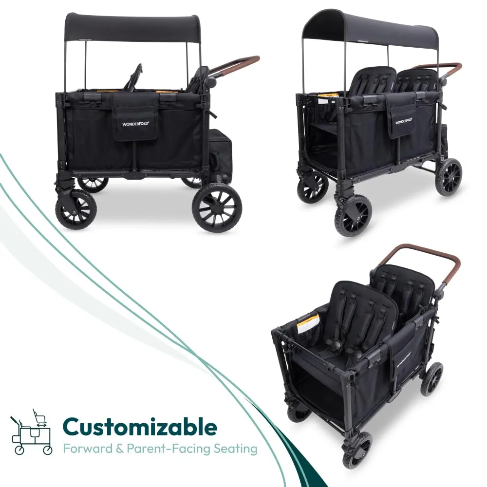 WONDERFOLD W4 Luxe Pro Stroller Wagon (4 Seater) - Collapsible Wagon Stroller with Seats Featuring 5-Point Safety Harnesses and Adjustable Sun Canopy, Jet Black