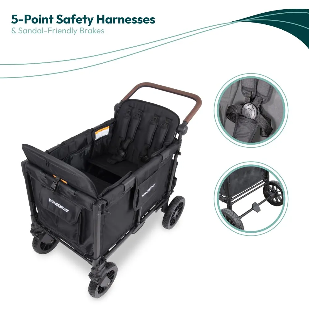 WONDERFOLD W4 Luxe Pro Stroller Wagon (4 Seater) - Collapsible Wagon Stroller with Seats Featuring 5-Point Safety Harnesses and Adjustable Sun Canopy, Jet Black