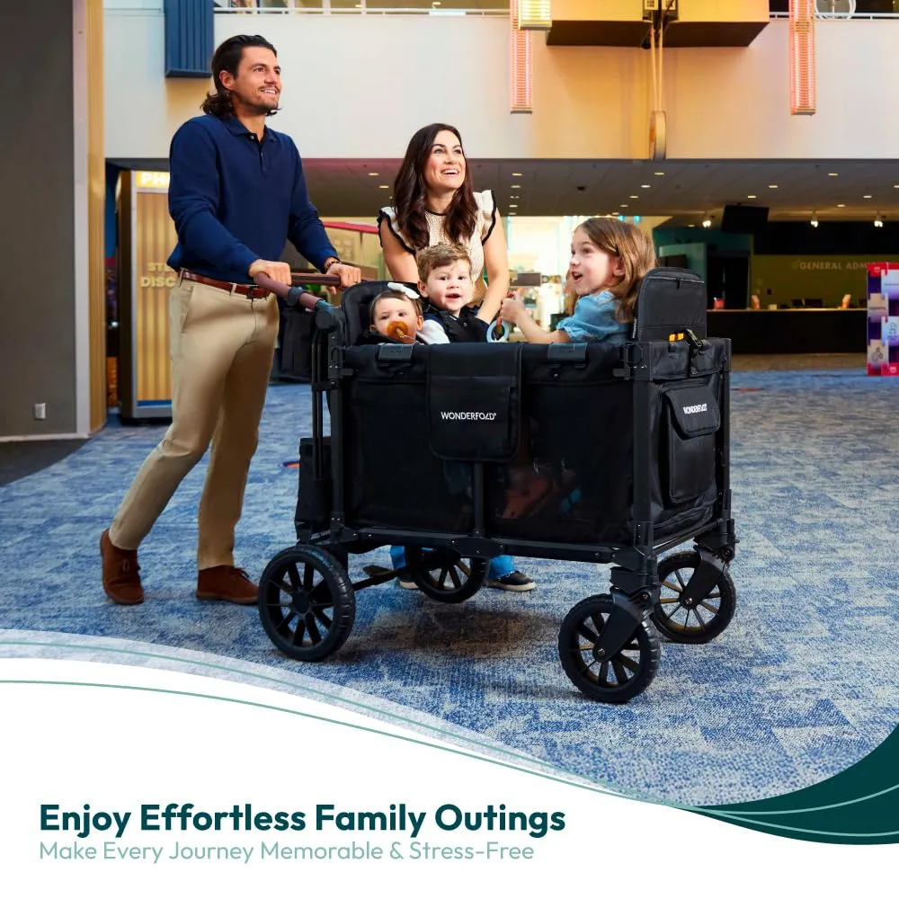 WONDERFOLD W4 Luxe Pro Stroller Wagon (4 Seater) - Collapsible Wagon Stroller with Seats Featuring 5-Point Safety Harnesses and Adjustable Sun Canopy, Jet Black