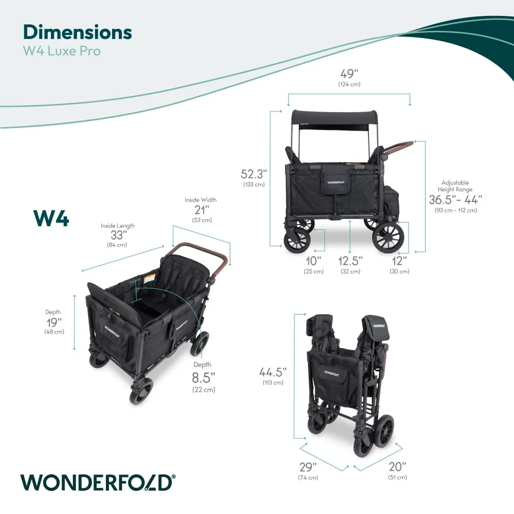 WONDERFOLD W4 Luxe Pro Stroller Wagon (4 Seater) - Collapsible Wagon Stroller with Seats Featuring 5-Point Safety Harnesses and Adjustable Sun Canopy, Jet Black