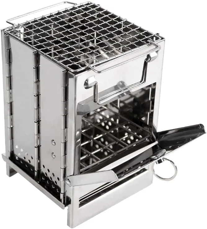 Wood Burning Camp Stove Folding Stainless Steel Grill Firewood Stove for Outdoor Survival Camping Cooking Picnic BBQ (Small)