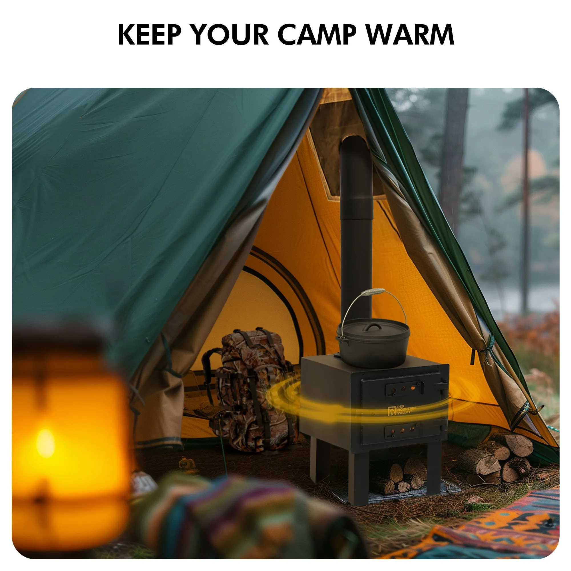 Wood Burning Camp Stove with 6.23ft Chimney, Portable Woodstove, Adjustable Ventilation, for Outdoor Camping and Hunting