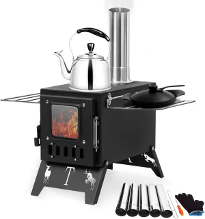 Wood Burning Stove,Wood Stove,Folding Portable Hot Tent Stove for Tent,Cooking,Camping,Includes 5 Chimney Pipes