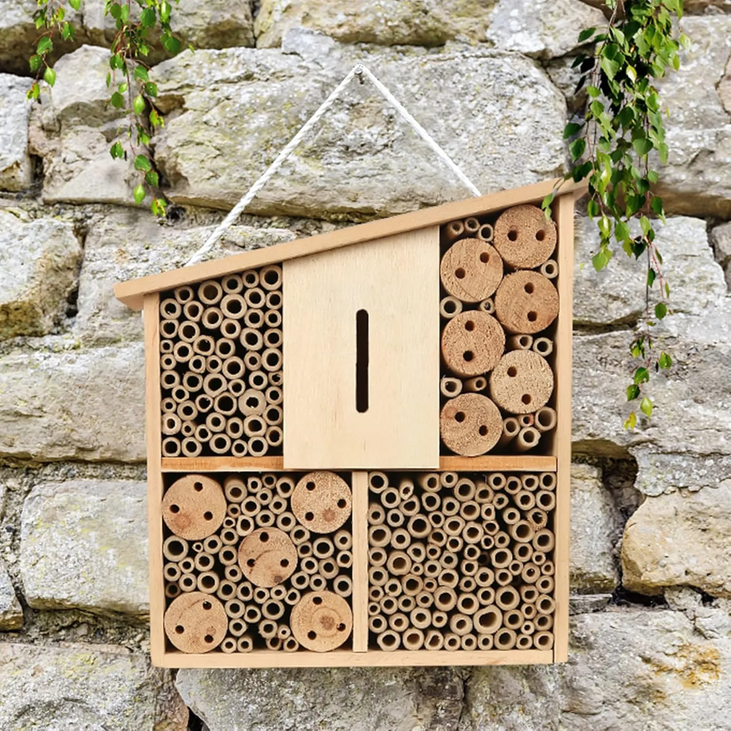 Wooden Insect Butterfly House Hotel,Mason Bee House,an Outdoor Hanging Bamboo Habitat for Bee Butterfly Ladybugs Live,Bee Box,Butterfly Habitat for Garden,11.8 x 10.6 x 3.1 Inch