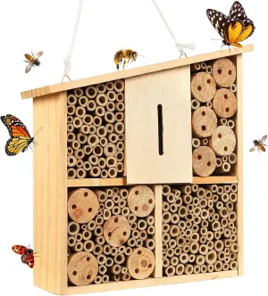 Wooden Insect Butterfly House Hotel,Mason Bee House,an Outdoor Hanging Bamboo Habitat for Bee Butterfly Ladybugs Live,Bee Box,Butterfly Habitat for Garden,11.8 x 10.6 x 3.1 Inch