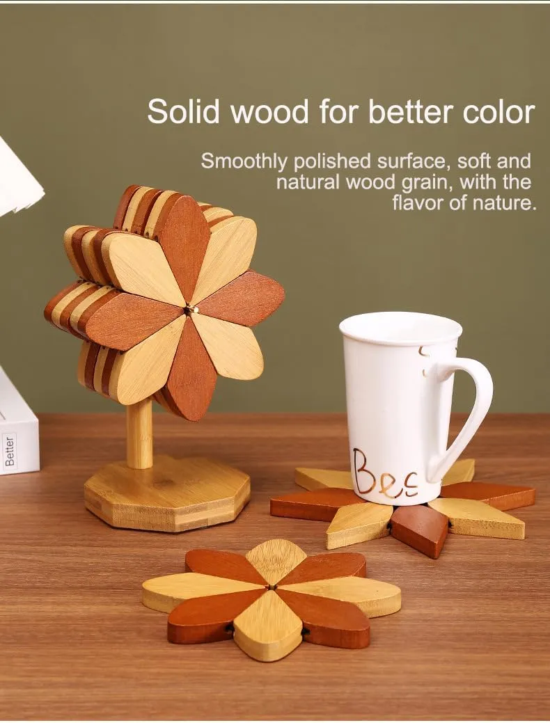 Wooden Trivet Set of 5 - Heat Resistant Reversible Coasters for Hot Pots/Pans, Natural Wood Pot Holder with Storage Rack, Protects Table & Countertops, Kitchen Dining Essentials (Wooden Color)