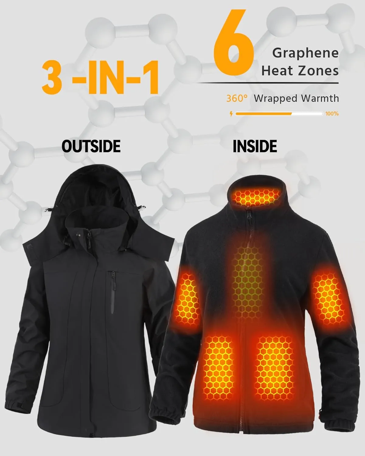 Wulcea 3-in-1 Graphene Heated Jacket For Women 12V 18400mAh Fast Charge With Large Capacity