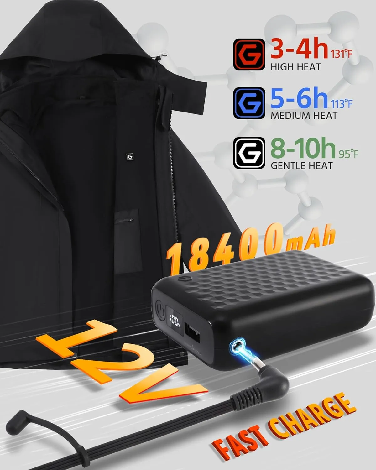Wulcea 3-in-1 Graphene Heated Jacket For Women 12V 18400mAh Fast Charge With Large Capacity