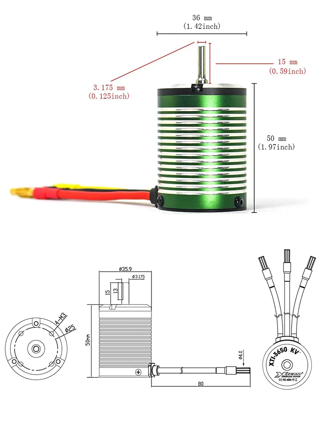 XTEAM 3650 3900KV Brushless Motor 1300W 86A 15V 4-Pole Design, Suitable for 1/8 1/10 1/12 RC Electric Racing Car, Buggy, RC Boat