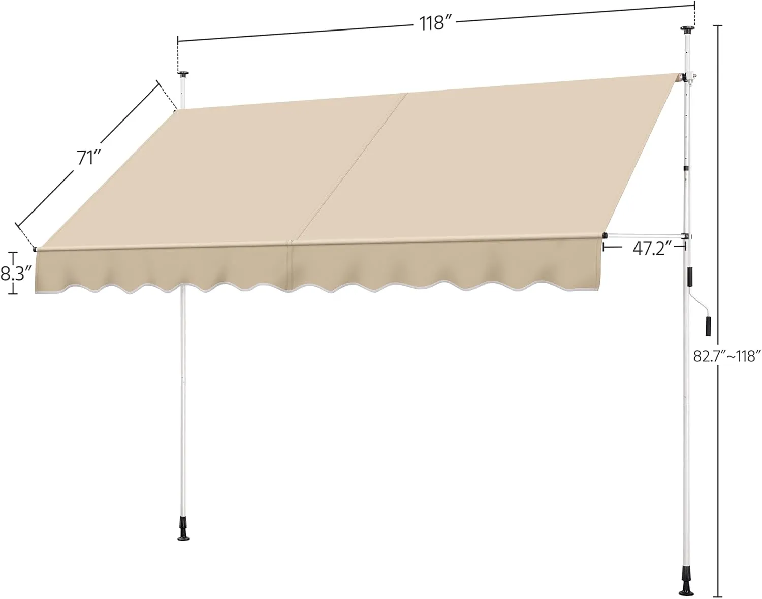 Yaheetech Manual Retractable Awning, 118"×118" Outdoor Sunshade Shelter Angle & Height Adjustable NO Drilling Patio Door Window Awnings, Canopy with UV Protection for Backyard, Beige