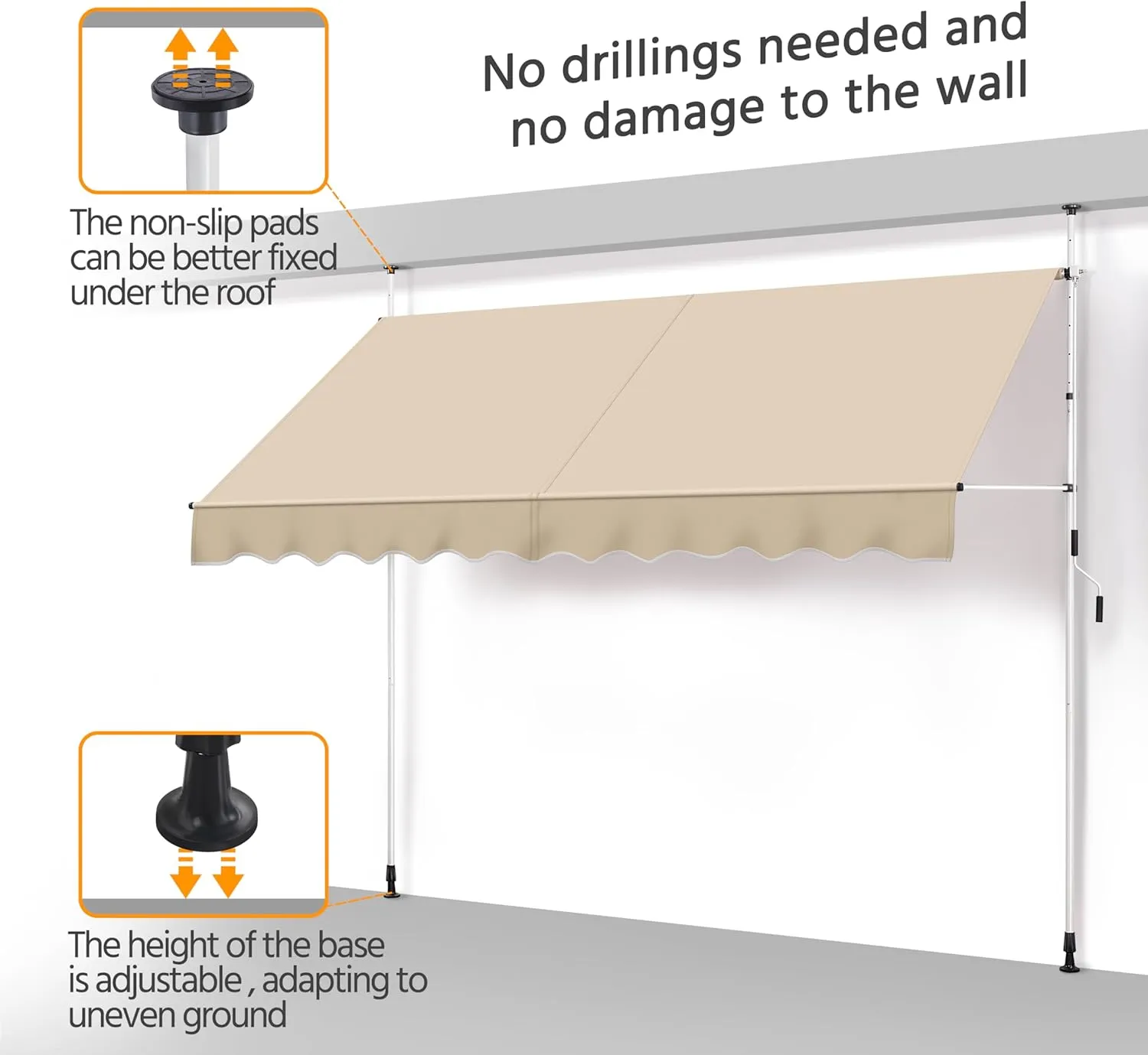 Yaheetech Manual Retractable Awning, 118"×118" Outdoor Sunshade Shelter Angle & Height Adjustable NO Drilling Patio Door Window Awnings, Canopy with UV Protection for Backyard, Beige