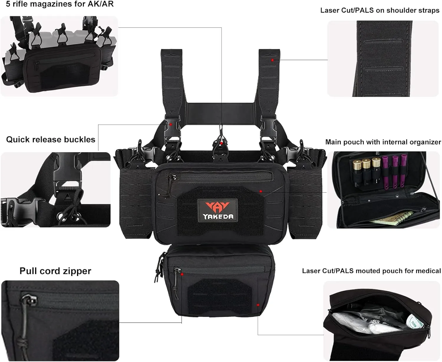 YAKEDA Tactical Chest Mini Rig Vest with Magazine Pouch Adjustable Detachable Laser-cutting Molle Modular Chest Vest