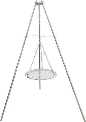 YBTMG Camp Fire Tripod for Cooking, Stainless Steel Camping Fire Grill with Adjustable Chain, 13.78" Stainless Grill Grate for Camping Hiking BBQ