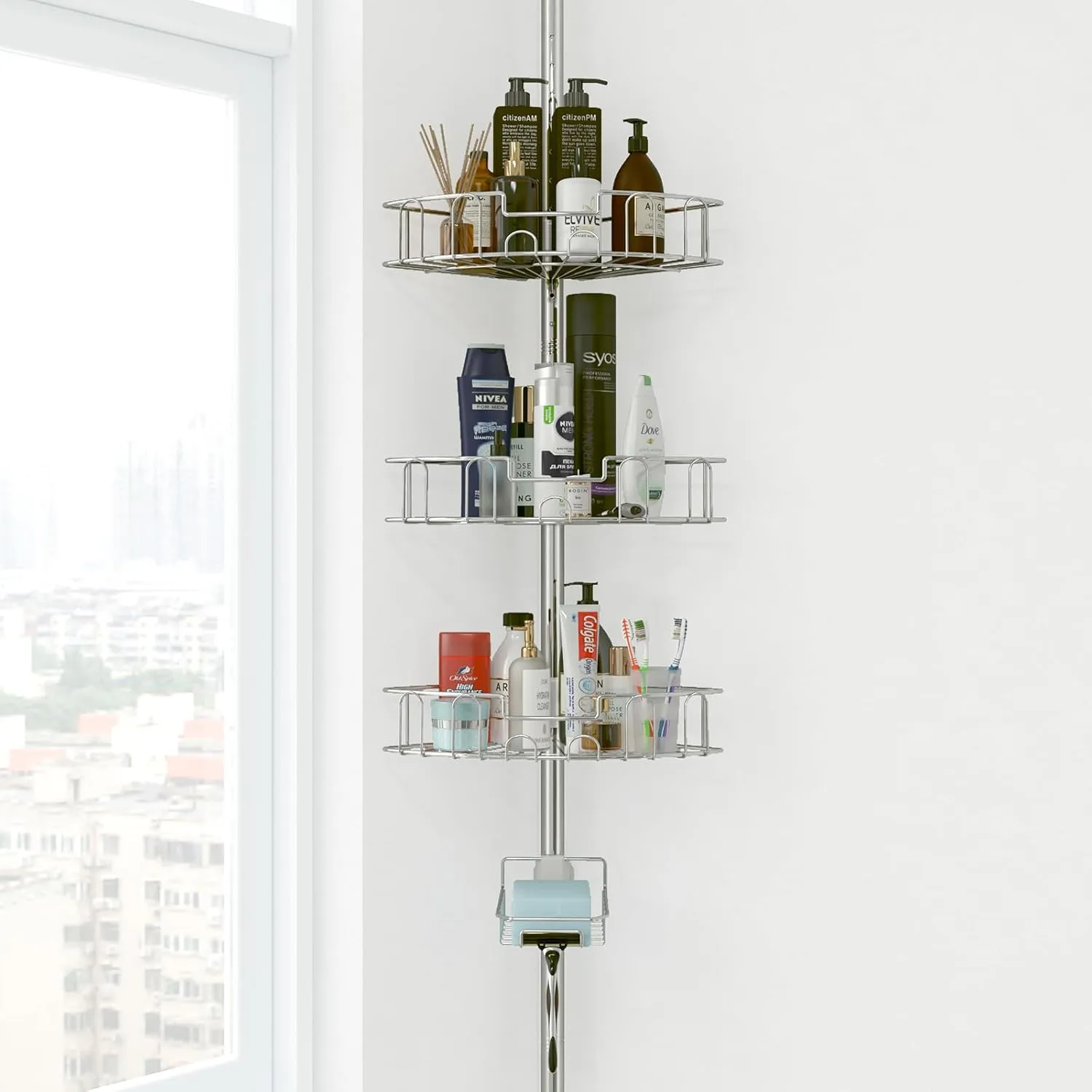 YeYeBest 39-125 Inch Rustproof Shower Caddy Corner for Bathroom, Bathtub Storage Organizer with 4 Adjustable Baskets, Sliver