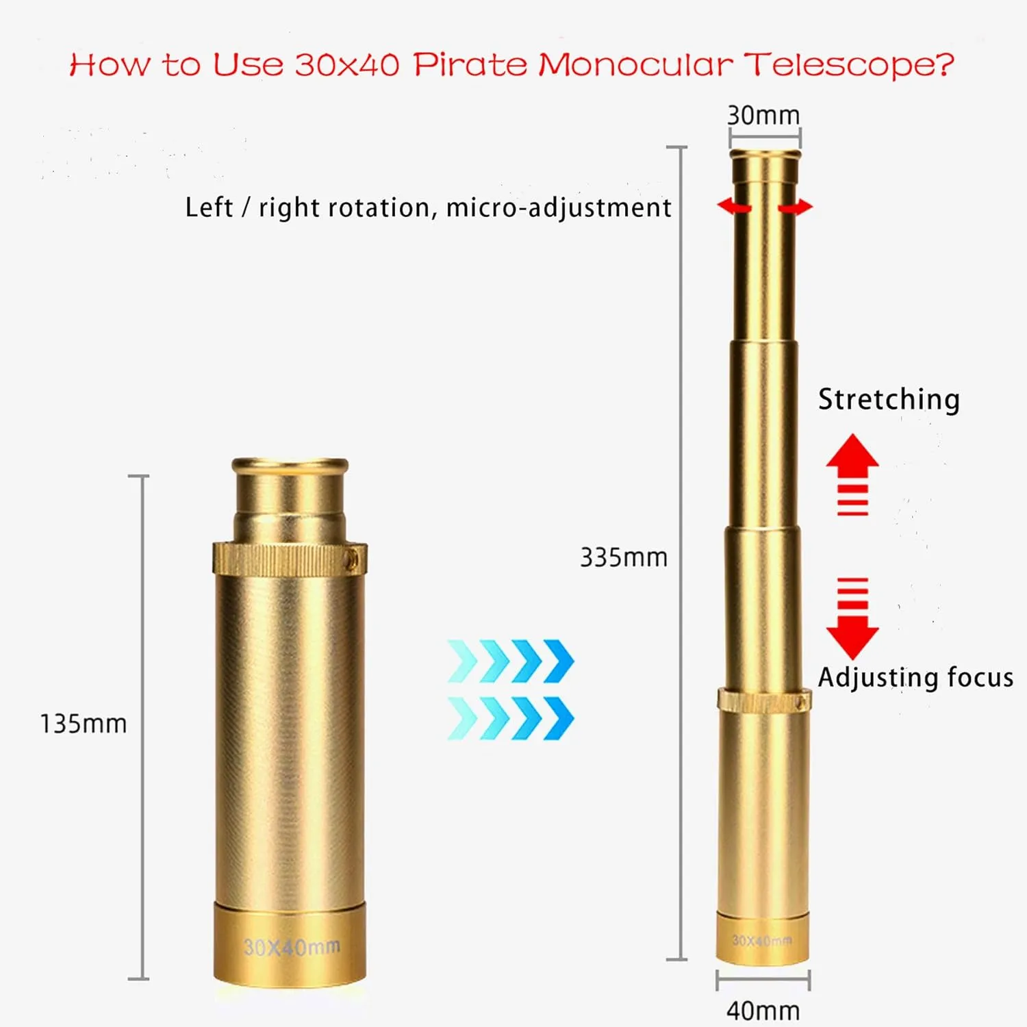 Yourelexit® Pirate Monocular Telescope, 30x40 Handheld Collapsible Brass Telescope for Kids Adults, Zoomable Portable Waterproof Spyglass for Bird Watching Games Travelling Hiking