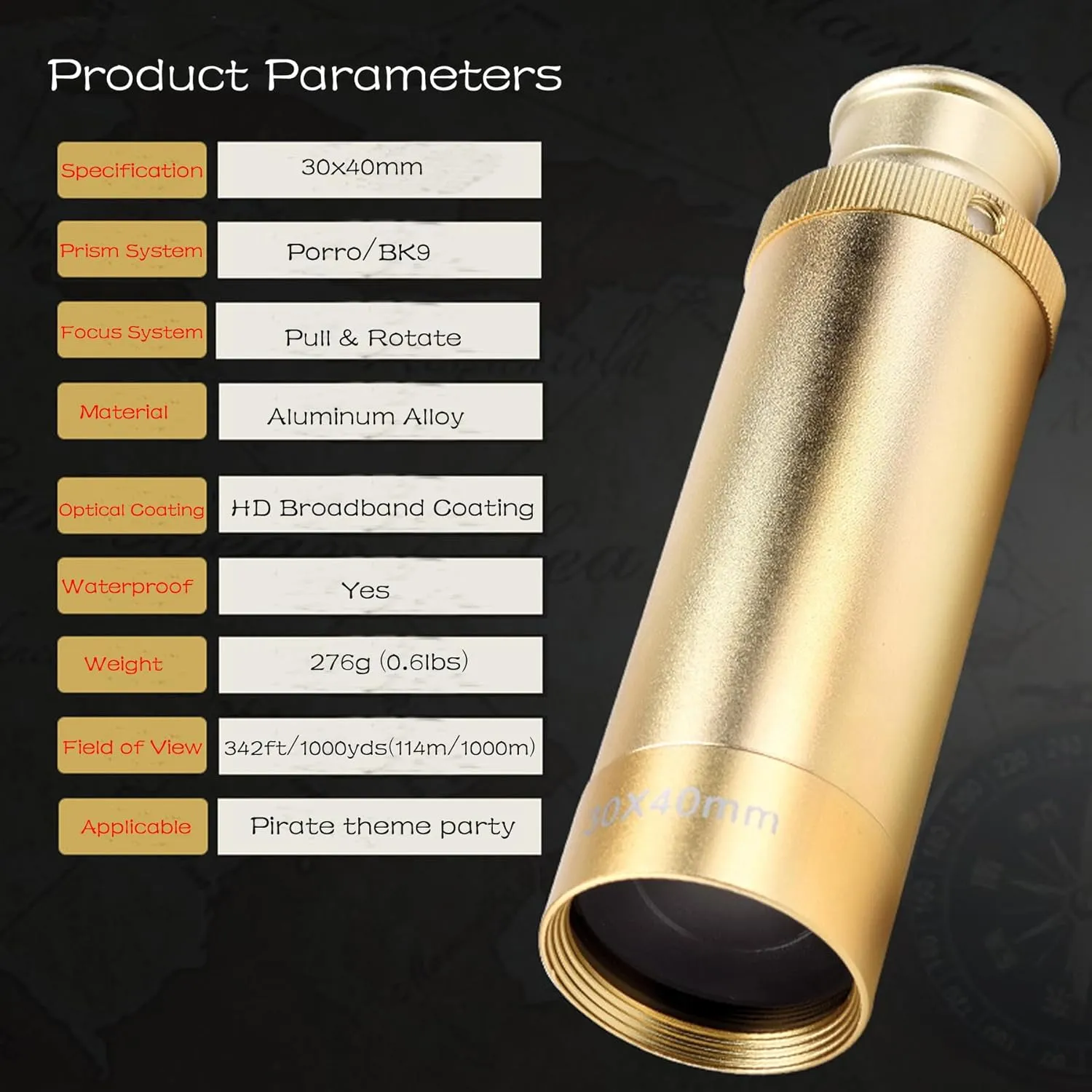 Yourelexit® Pirate Monocular Telescope, 30x40 Handheld Collapsible Brass Telescope for Kids Adults, Zoomable Portable Waterproof Spyglass for Bird Watching Games Travelling Hiking