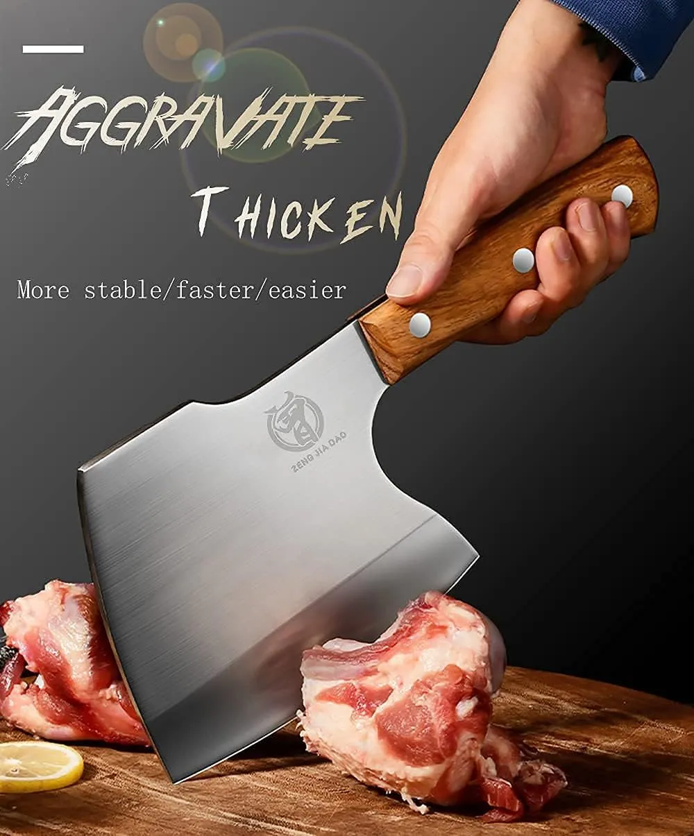 ZENG JIA DAO Big Bones Cleaver Knife - Heavy Duty Butcher Knife - Axe Chopper for Kitchen Restaurant Farm and Slaughterhouse- Cutting any bones- Solid Pear Wood Handle - Gift for Tough Guys