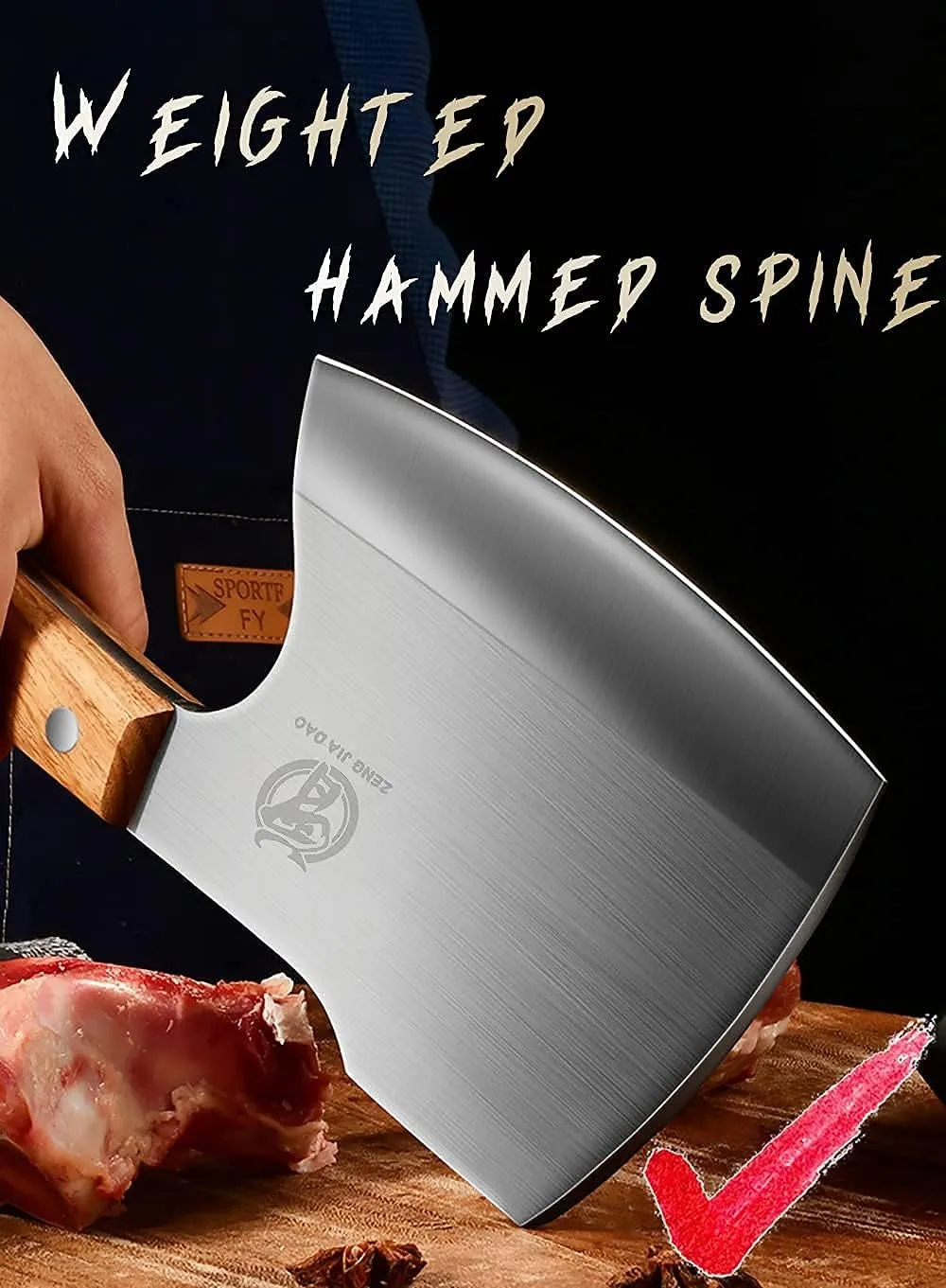 ZENG JIA DAO Big Bones Cleaver Knife - Heavy Duty Butcher Knife - Axe Chopper for Kitchen Restaurant Farm and Slaughterhouse- Cutting any bones- Solid Pear Wood Handle - Gift for Tough Guys