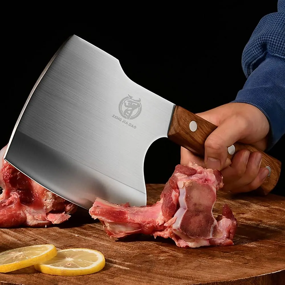 ZENG JIA DAO Big Bones Cleaver Knife - Heavy Duty Butcher Knife - Axe Chopper for Kitchen Restaurant Farm and Slaughterhouse- Cutting any bones- Solid Pear Wood Handle - Gift for Tough Guys