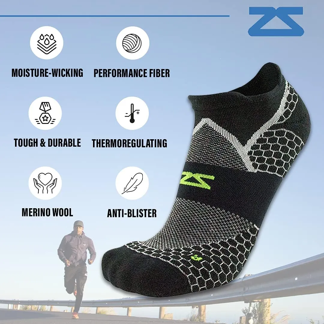 Zensah Merino Wool Running No-Show Socks- Hiking, Walking, Athletic Cushion Sock
