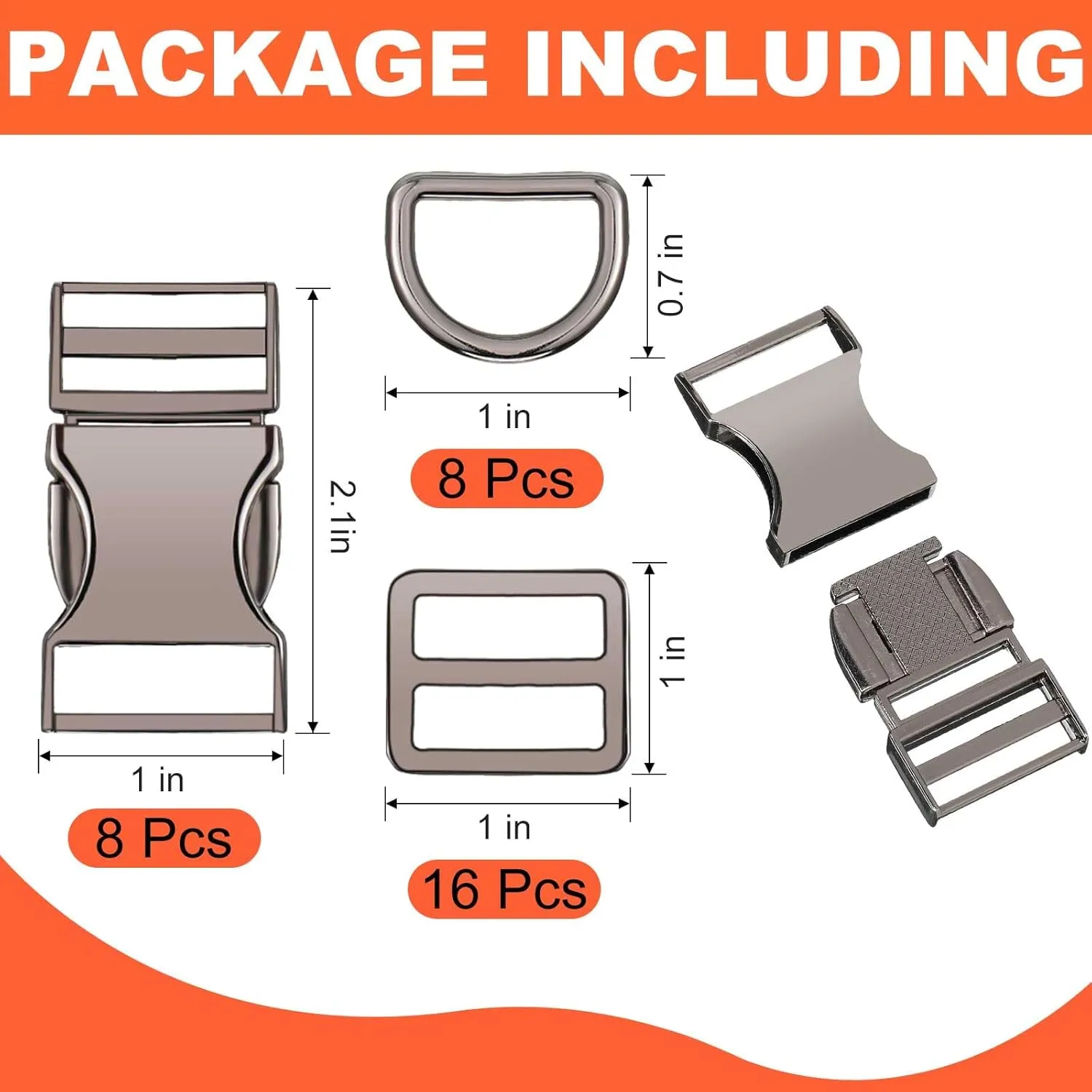 Zeyune 32 Pack Metal Buckles for Straps Dog Collar, 8 Pcs Side Release Buckle 8 Pcs D Rings 16 Pcs Tri Glide Slides Buckles