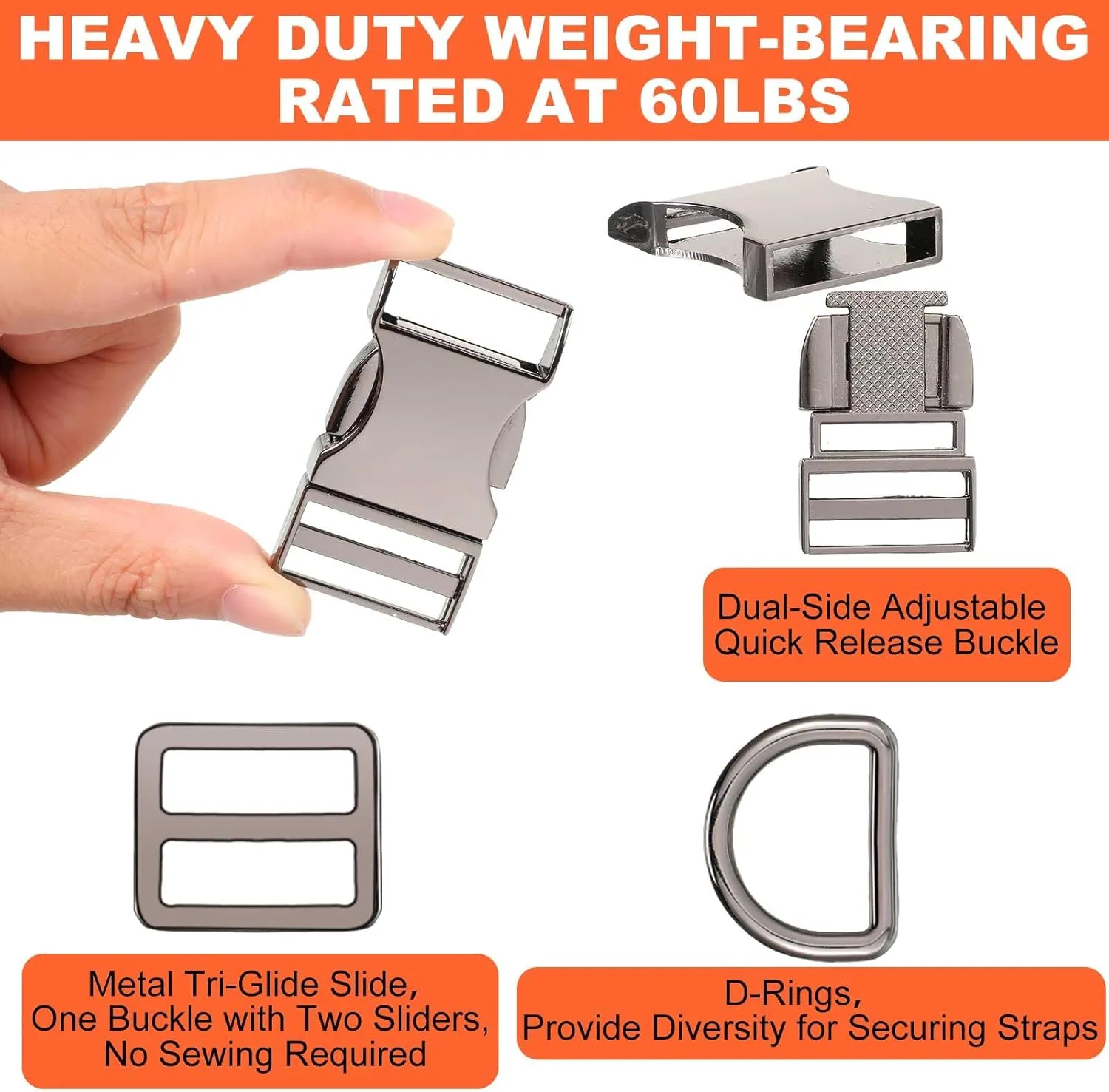 Zeyune 32 Pack Metal Buckles for Straps Dog Collar, 8 Pcs Side Release Buckle 8 Pcs D Rings 16 Pcs Tri Glide Slides Buckles