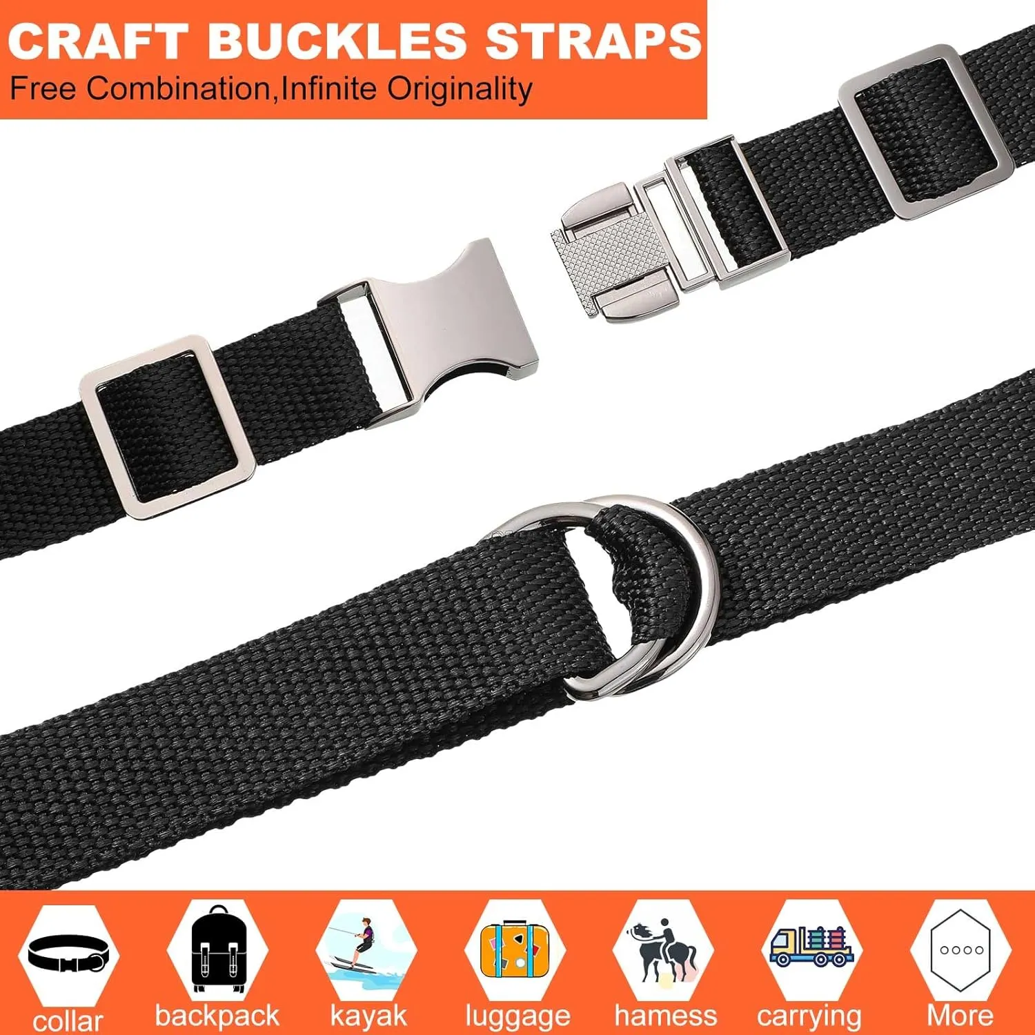 Zeyune 32 Pack Metal Buckles for Straps Dog Collar, 8 Pcs Side Release Buckle 8 Pcs D Rings 16 Pcs Tri Glide Slides Buckles